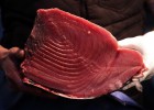 TOKYO, JAPAN - JANUARY 05: A vendor carries a section of tuna after the year's first auction outside Tsukiji Market on January 5, 2016 in Tokyo, Japan. Kiyomura K.K., which operates the Sushi Zanmai sushi restaurant chain, bid the highest priced tuna weighing 200 kilogram (441 pound) for 14 million yen ($117,306) at the year's first auction at Tsukiji Market. (Photo by Tomohiro OhsumiGetty Images)