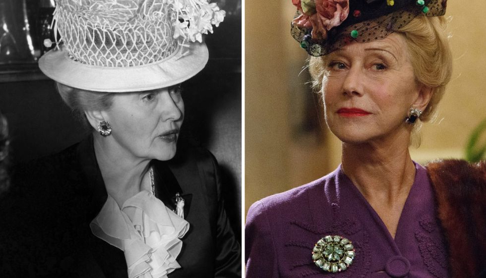 Hedda Hopper, en 1940. A la derecha, la actriz Helen Mirren caracterizada como la periodista.