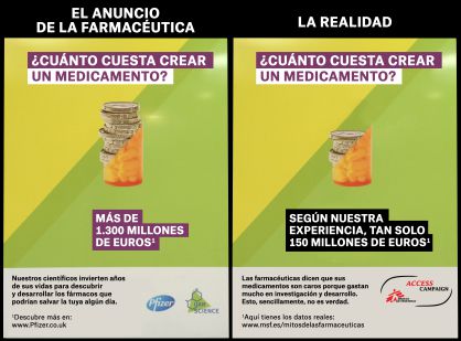 Campaña de Pfizer (traducida al castellano) y la contracampaña de Médicos sin Fronteras en un montaje elaborado por la ONG. 