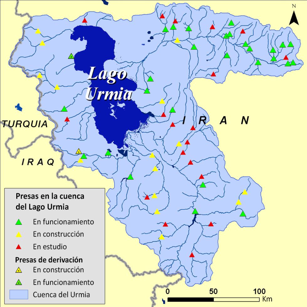 Fuente: Hassanzadeh, E., Zarghami, M., Hassanzadeh, Y. (2011). Determining the Main Factors in Declining the Urmia Lake Level by Using System Dynamics Modeling. Water Resources Management, 26(1), 129-145. doi: 10.1007s11269-011-9909-8. visualización por UNEP GRID Sioux Falls.