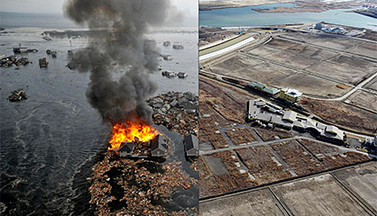 La ciudad japonesa de Natori tras el tsunami y en la actualidad.