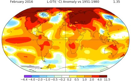 Mapa mundial en el que se muestra la variaci&oacute;n de temperatura en febrero respecto a la media del periodo 1951-1980.