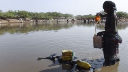 Una mujer etíope recoge agua de un estanque.