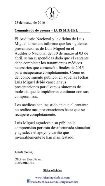 El comunicado de la oficina de Luis Miguel.