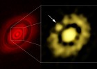 A la izquierda, imagen de la estrella LH Tau y su disco, obtenida con el radiotelescopio ALMA, en la que se aprecian surcos concéntricos; a la derecha, las observaciones del telescopio VLA de zona central del disco muestran una acumulación de polvo (marcada con una flecha) que sería un embrión de planeta.rn rn 