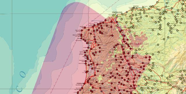 Mapa de atención prioritaria en Ecuador tras el terremoto.