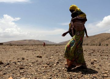 Una mujer camina con su hijo en brazos en las cercan&iacute;as de la localidad de Hariirad, en Somaliland.