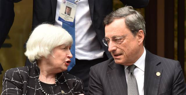 Federal Reserve official Janet L. Yellen and ECB chief Mario Draghi.
