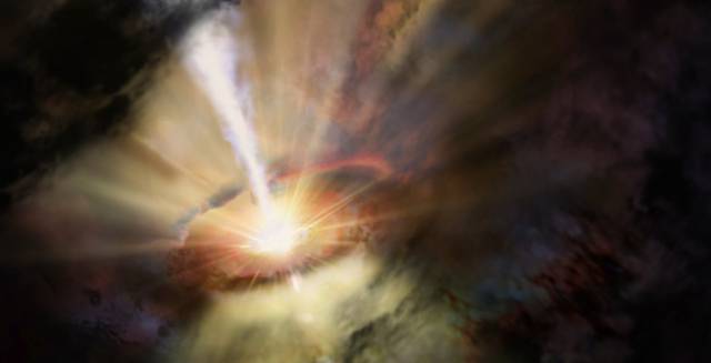 Impresi&oacute;n art&iacute;stica de la lluvia de gas fr&iacute;o sobre el agujero negro