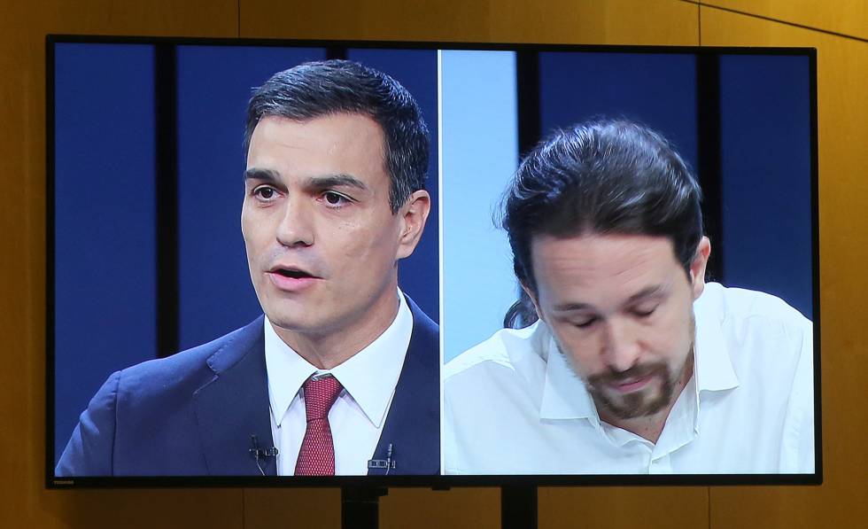 Pedro Sánchez y Pablo Iglesias en una imagen de televisión del debate del pasado 13 de junio.