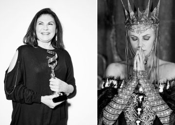 La dise&ntilde;adora de vestuario Collen Atwod. A la derecha, la actriz Charlize Theron con uno de sus dise&ntilde;os como Reina Ravenna.