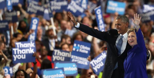 Barack Obama and Hillary Clinton work the crowd in Philadelphia.