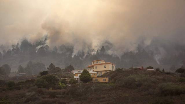 El humo se eleva el incendio forestal de las afueras de la ciudad de El Paso, en la isla canaria de La Palma.