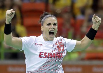 Spain's Naiara Egozkue celebrates after scoring during the women's preliminary handball match between Montenegro and Spain at the 2016 Summer Olympics in Rio de Janeiro, Brazil, Saturday, Aug. 6, 2016. (AP PhotoMatthias Schrader)