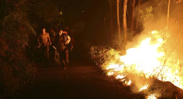 Los vecinos intentan apagar un fuego en Arbo (Pontevedra)