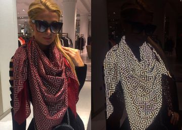 Una imagen de Paris Hilton con la bufanda. En la primera la foto fue tomada sin flash y en la segunda con flash.