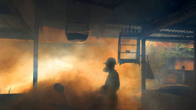 Un trabajador indonesio fumiga una zona residencial.