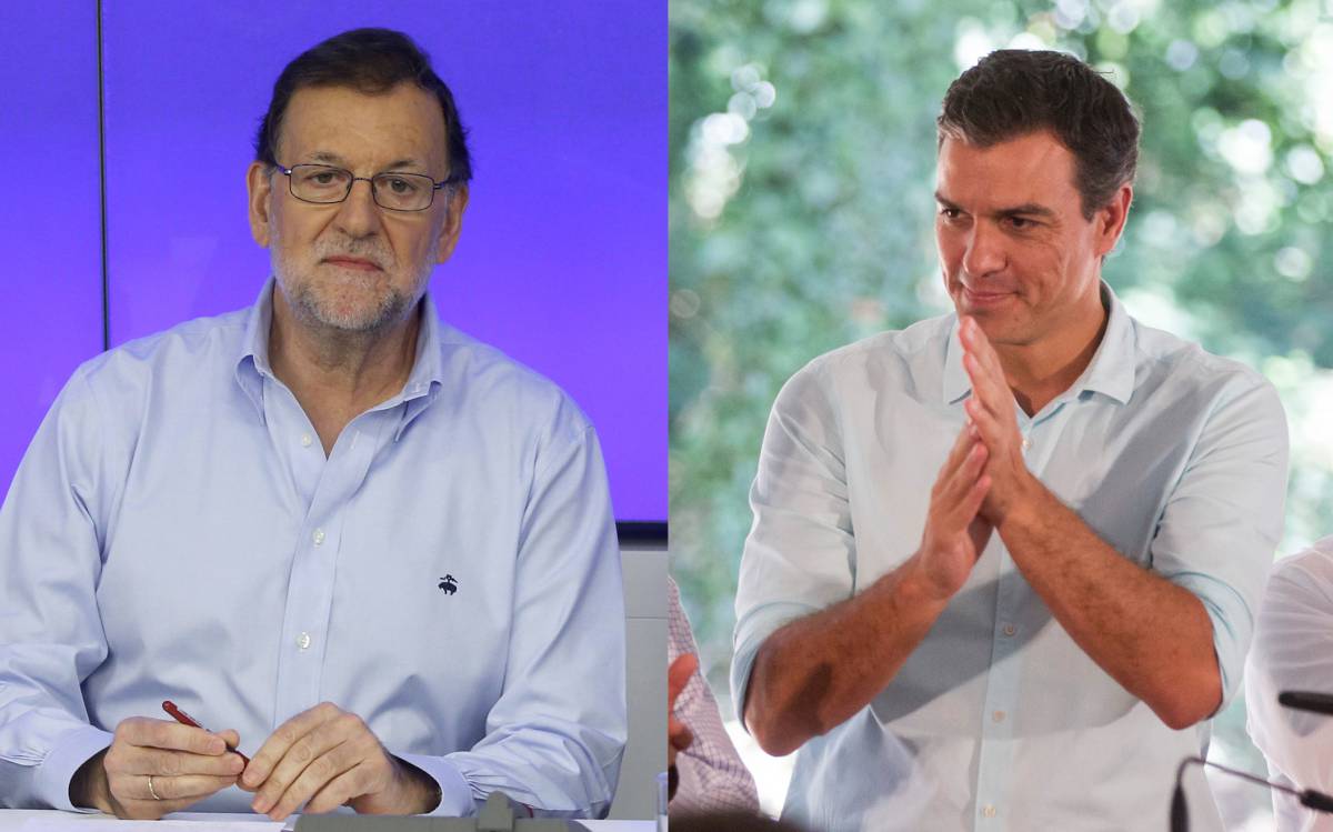 Mariano Rajoy y Pedro S&aacute;nchez en sus actos de partido este s&aacute;bado.