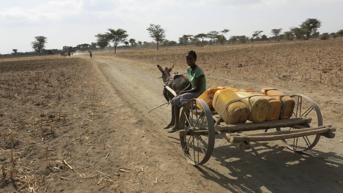 Niña oromo desplazándose al pueblo vecino en búsqueda de agua