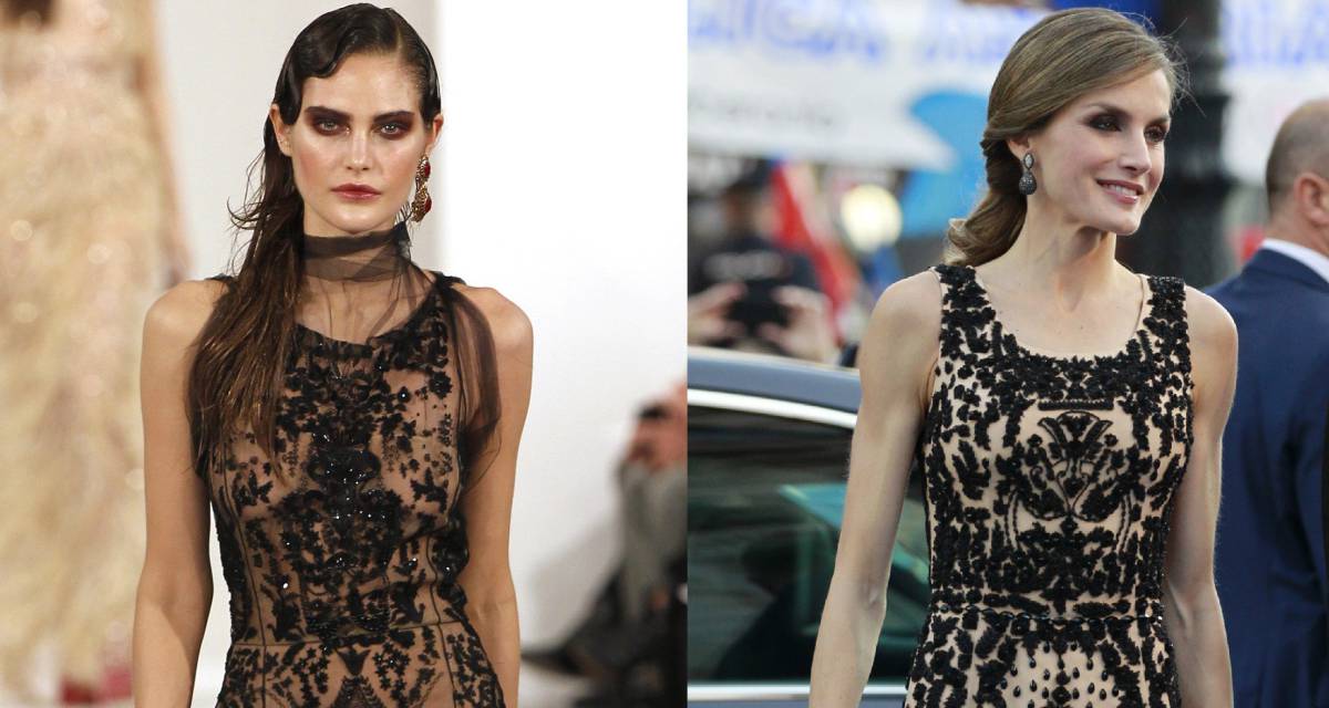 Desfile de Oscar de la Renta en 2013 y, a la derecha, la reina Letizia en los Premios Princesa de Asturias, en 2016.