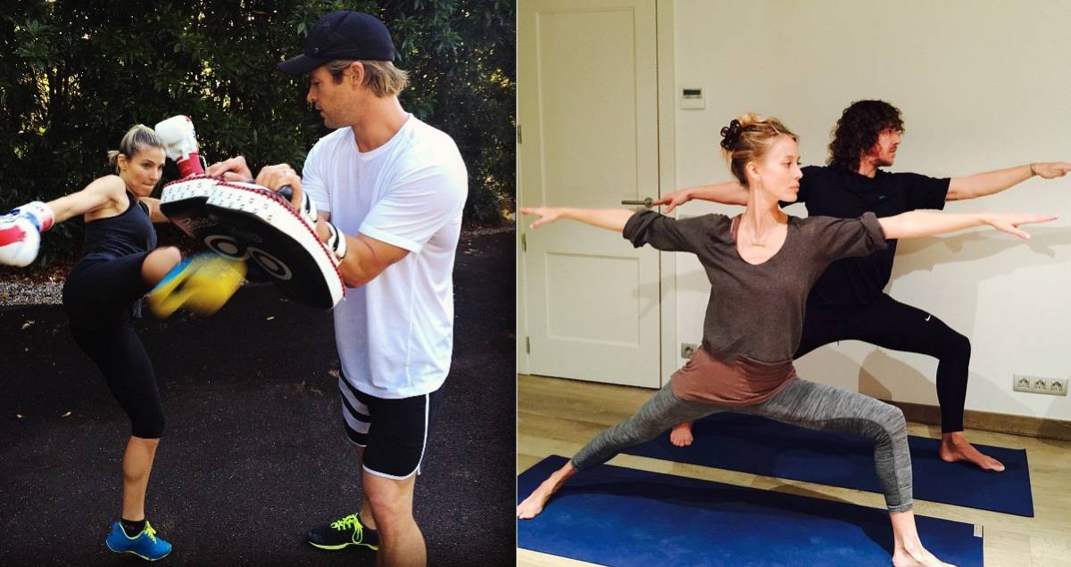 Elsa Pataky y Chris Hemsworth y, a la derecha, Vanesa Lorenzo y Carles Puyol.