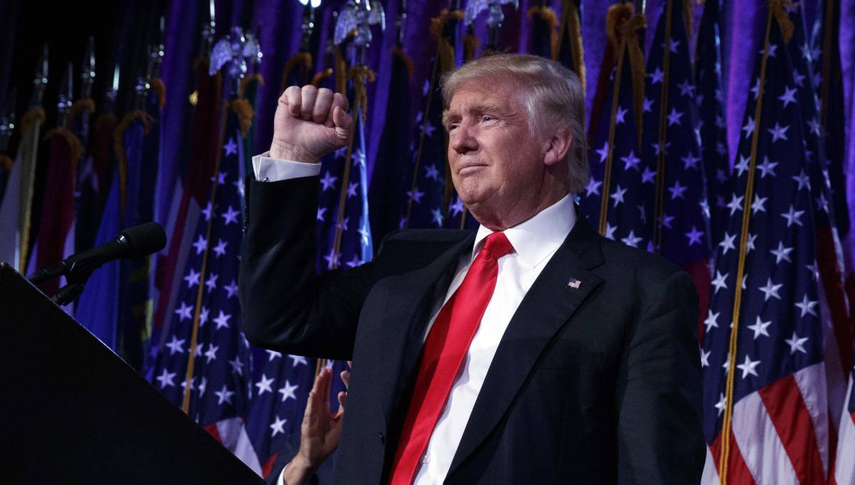 President-elect Donald Trump pumps his fist during an election night rally, Wednesday, Nov. 9, 2016, in New York. (AP Photo Evan Vucci)