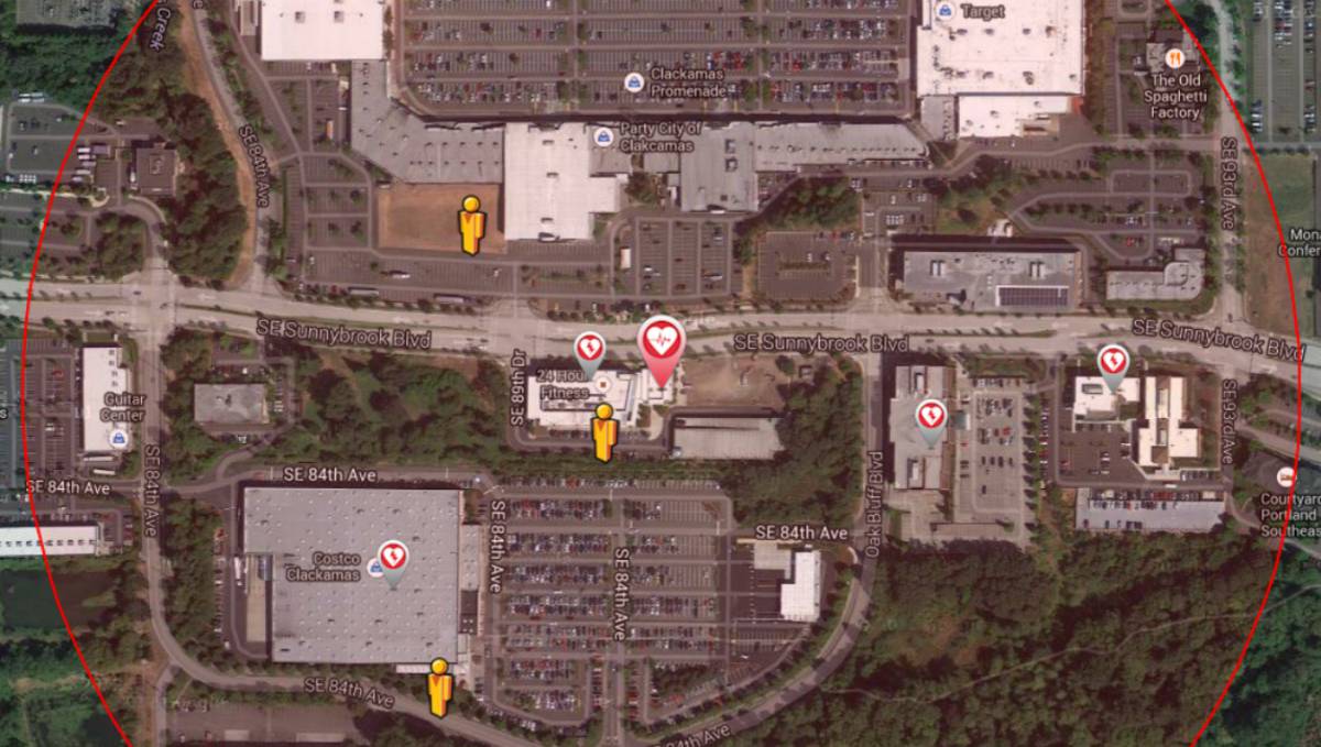 Mapa donde se localizan los potenciales rescatadores en el caso de un paro cardiaco.