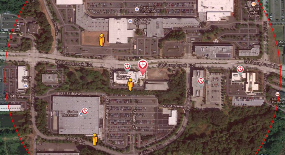 Mapa donde se localizan los potenciales rescatadores en el caso de un paro cardiaco.