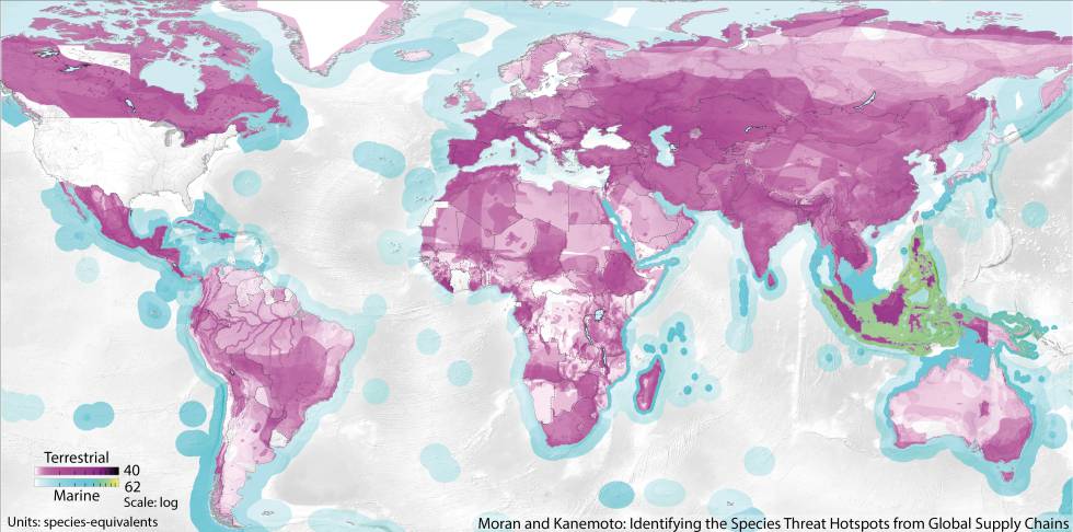 Mapa de los lugares con especies amenazadas en relación con el consumo de bienes en EE UU. 
