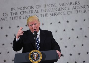 US President Donald Trump speaks at CIA Headquarters in Langley, Virginia, on January 21, 2017.  Trump told the CIA Saturday it had his fervent support as he paid a visit to mend fences after publicly rejecting its assessment that Russia tried to help him win the US election. "I am with you 1,000 percent," Trump said in a short address to CIA staff after his visit to the agency headquarters in Virginia.   AFP PHOTO  MANDEL NGAN