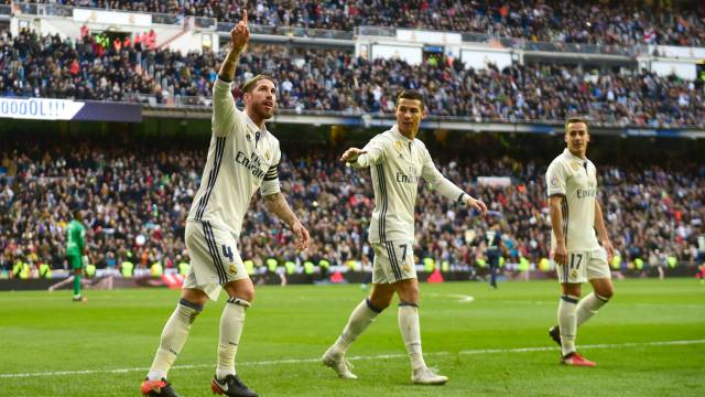 Ramos celebra su primer gol ante el Málaga, hoy.