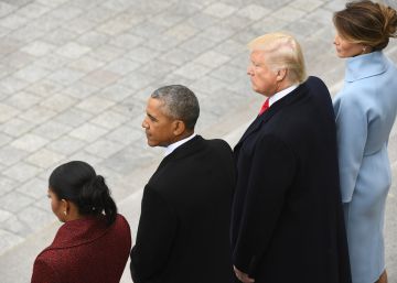 Former President Barack Obama and his wife Michelle Obama stand with President Donald Trump and his wife Melania Trump on the East front  of the Capitol Hill in Washington, Friday, Jan. 20, 2017, prior to the Obama's departure from the presidential inauguration . (Jack GruberPool Photo via AP)