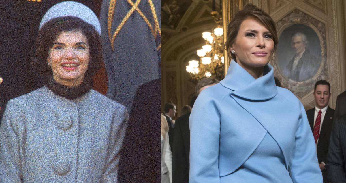 Jackie Kennedy, en la investidura de JFK en 1961. A la derecha, Melania Trump el 20 de enero.