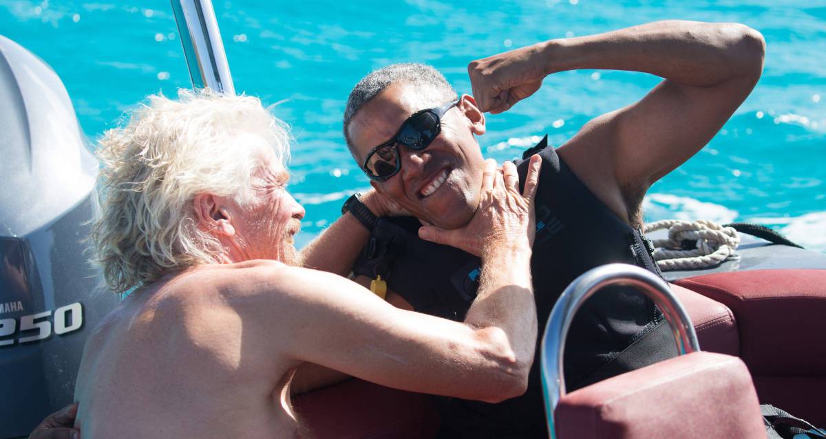Barack Obama y Richard Branson en la isla Mosquito.