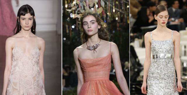 De izquierda a derecha: vestidos de alta costura de Valentino, Dior y Chanel.