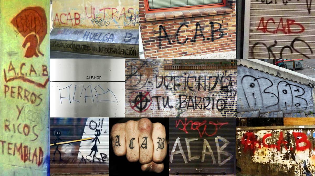 Fotografías de grafitis en Madrid, Zaragoza, Bilbao y Granada, con las siglas ACAB (All Cops Are Bastards).