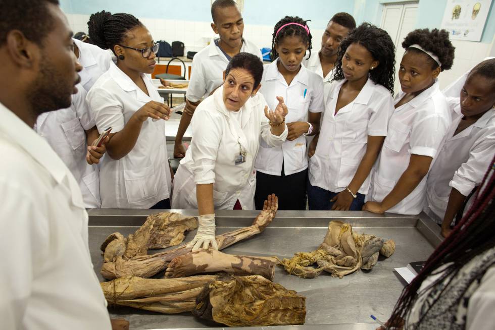 La doctora Vallentina Cuello Vargas usa un cadáver para explicar el sistema vascular a alumnos de anatomía de primer curso en la Escuela Latinoamericana de Medicina (ELAM).