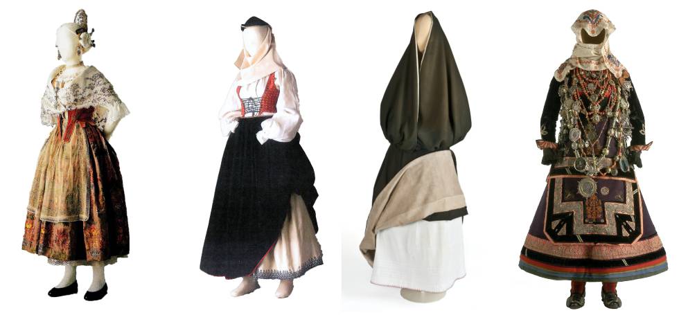De izquierda a derecha: traje regional de Valencia, de Santa Cruz de Tenerife, de Vejer de la Frontera y vestido típico de La Alberca (Salamanca).