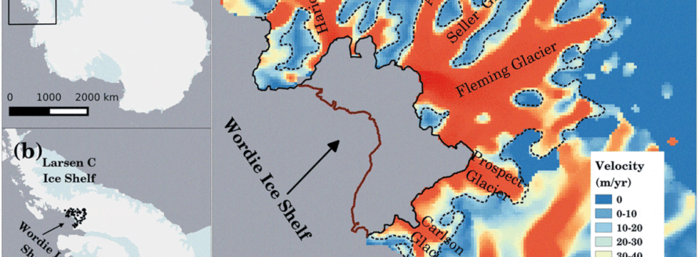 Localização da plataforma Larsen C, da plataforma Wordie e do sistema glaciar Fleming com as posições das linhas de gelo desde 1947 até 2016