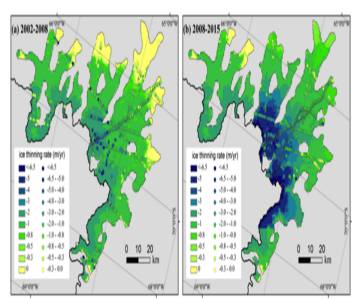 Índice de redução da região do glaciar Fleming entre (a) 2002-2008 e (b) 2008-2015