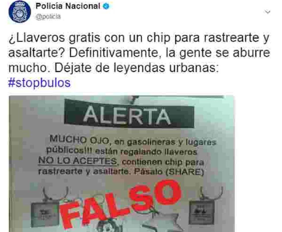Tuit de la policía sobre el bulo de los llaveros rastreadores.