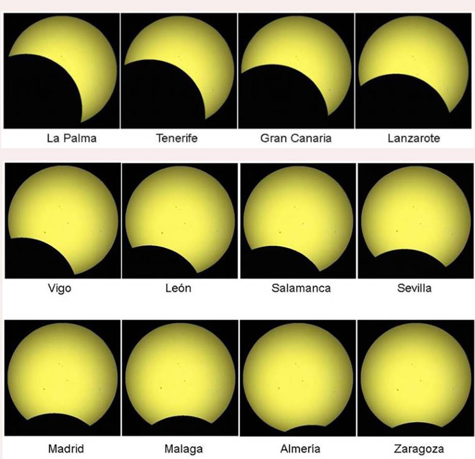 Así se verá el eclipse del próximo 21 de agosto en las distintas ciudades.