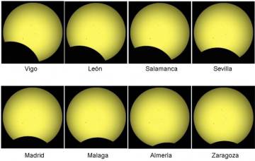 Estimación del eclipse en diferentes ciudades españolas realizadas por el grupo astronómico Saros.