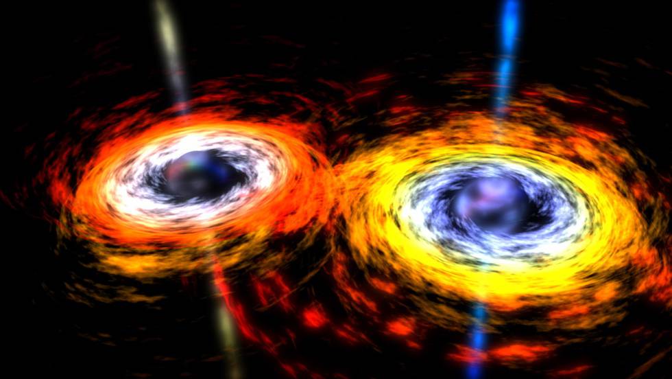 Recreación de una pareja de agujeros negros a punto de fusionarse