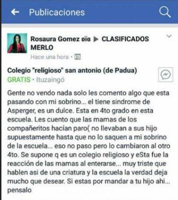 Denuncia de la tía en Facebook.