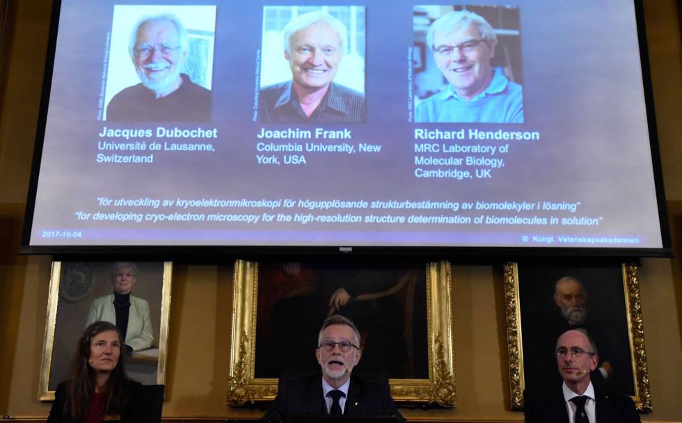 Anuncio de los ganadores del Nobel de Química esta mañana, en Estocolmo (Suecia).