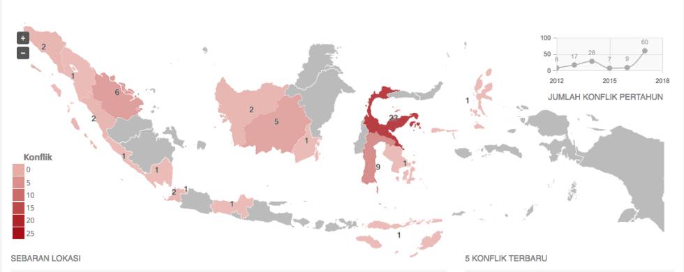 Muestra del mapa de Tanahkita.id con el recuento de conflictos por regiones en Indonesia.