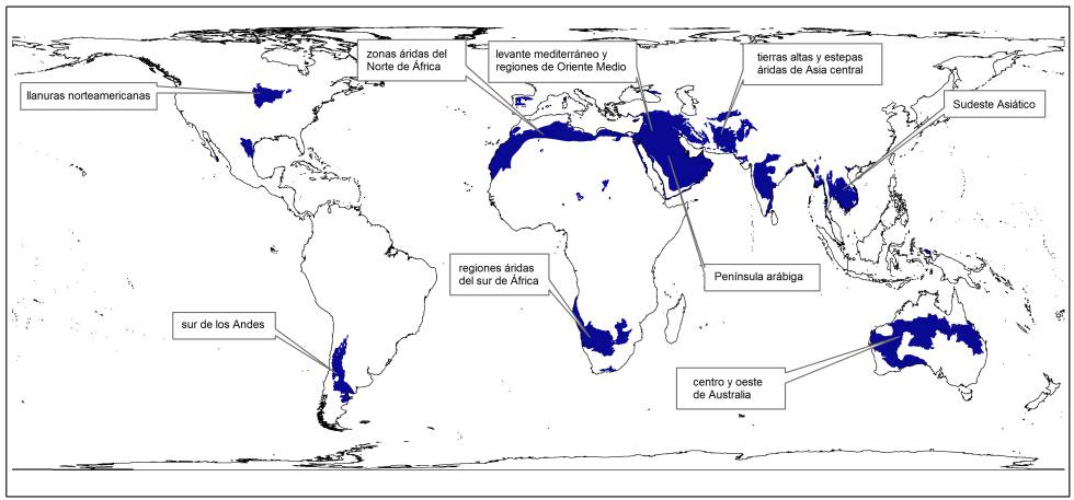 Las regiones en azul son áreas identificadas por los investigadores como zonas de nueva prioridad para la conservación de la fauna, tras incorporar los reptiles al atlas de la vida (click para ampliar).