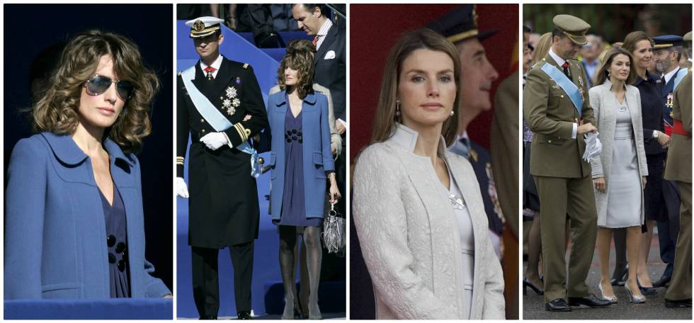 En el desfile de 2007, doña Letizia con unas gafas aviador con cristales azules a juego con los tonos de su estilismo. A la derecha, la entonces princesa de Asturias en el desfile del 12 de octubre de 2008. 