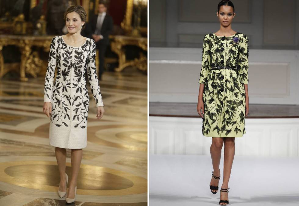 La reina Letizia vestida de Felipe Varela y, a la derecha, una modelo con el diseño de Oscar de la Renta.